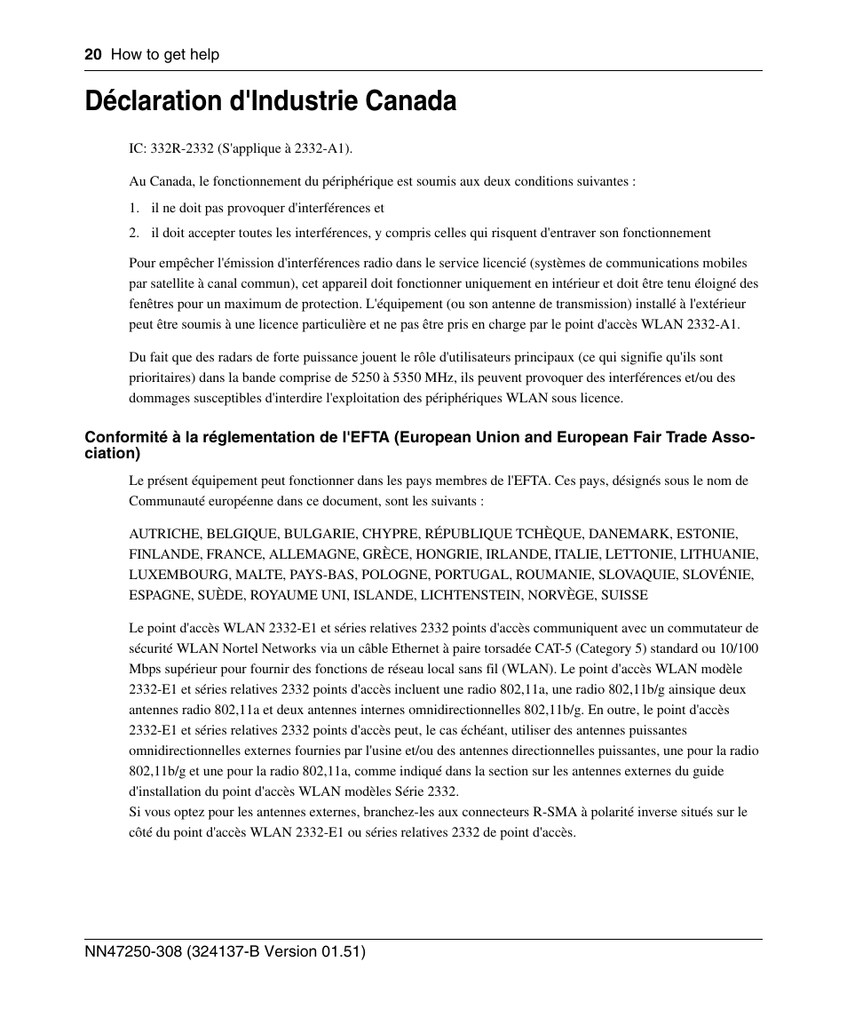 Déclaration d'industrie canada | Nortel Networks 2332 User Manual | Page 20 / 102