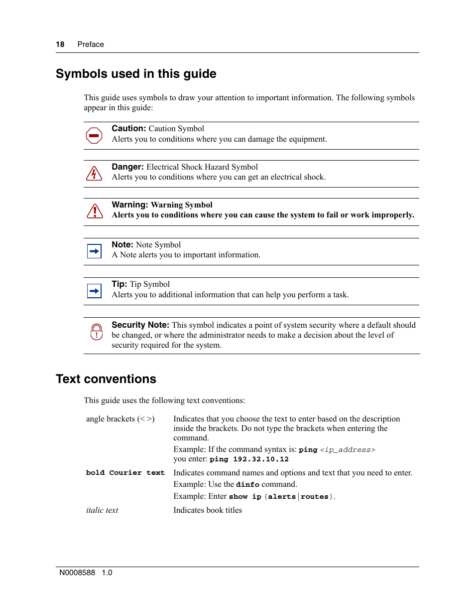 Symbols used in this guide, Text conventions | Nortel Networks MOG6xx User Manual | Page 18 / 120