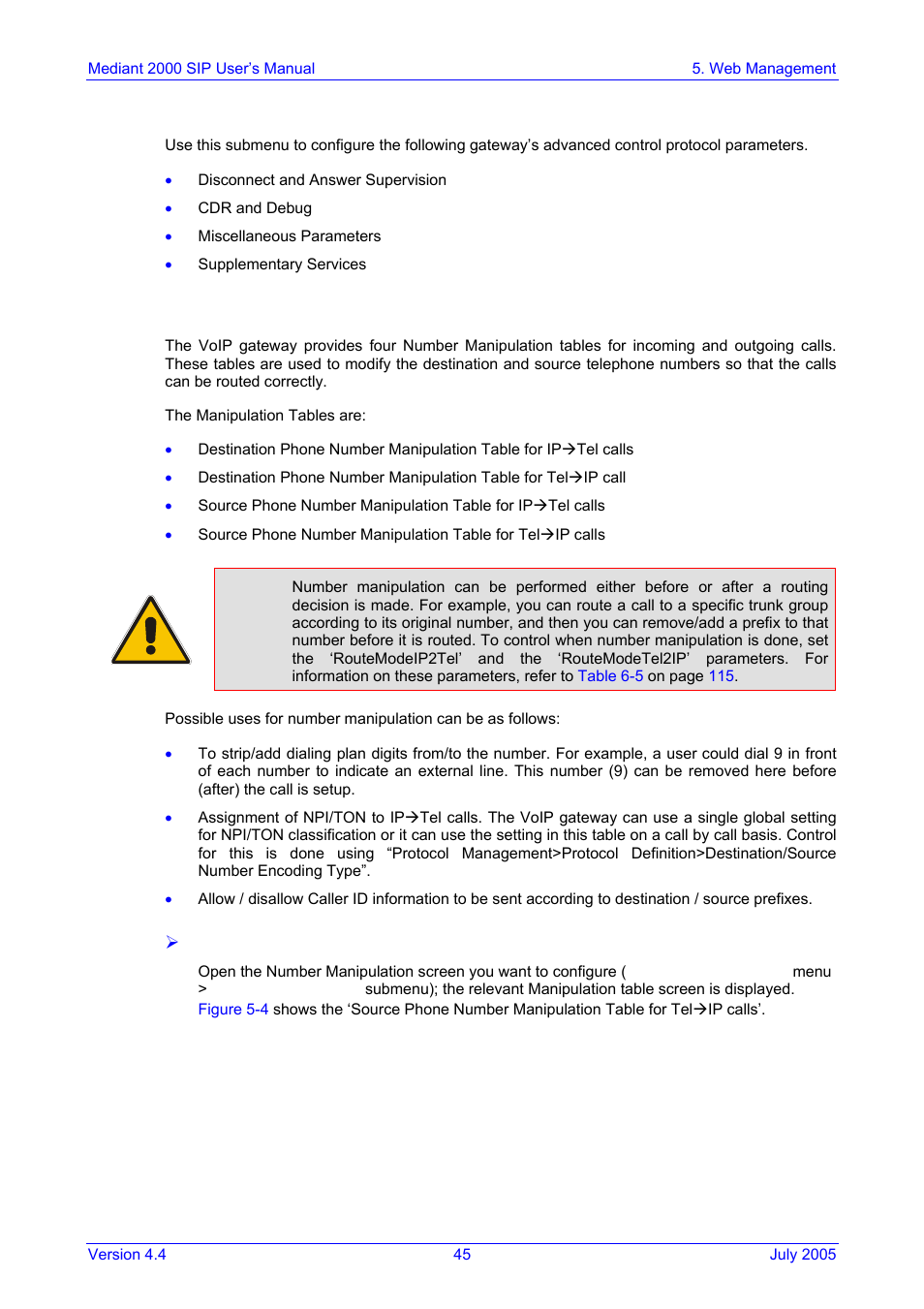 Advanced parameters, Number manipulation tables, 2 advanced parameters | 3 number manipulation tables | Nortel Networks Mediant TP-1610 SIP User Manual | Page 45 / 280