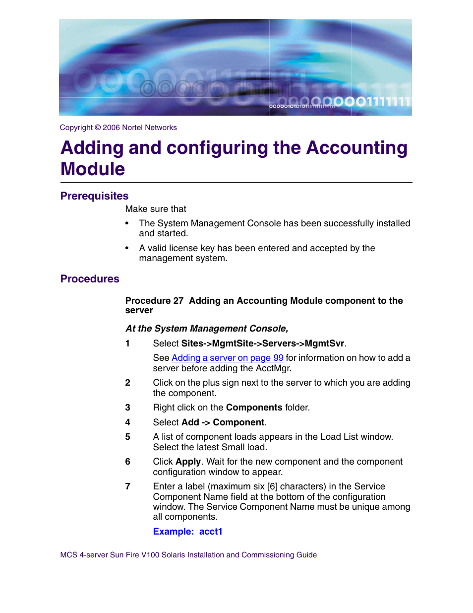 Adding and configuring the accounting module, Prerequisites, Procedures | Nortel Networks Sun Fire V100 User Manual | Page 101 / 192