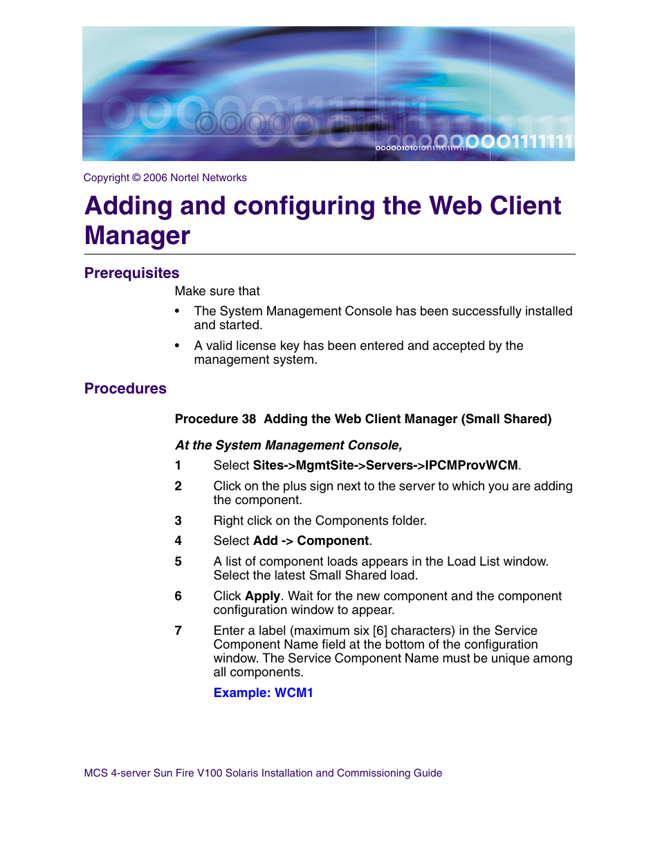 Adding and configuring the web client manager, Prerequisites, Procedures | Nortel Networks Sun Fire V100 User Manual | Page 133 / 192
