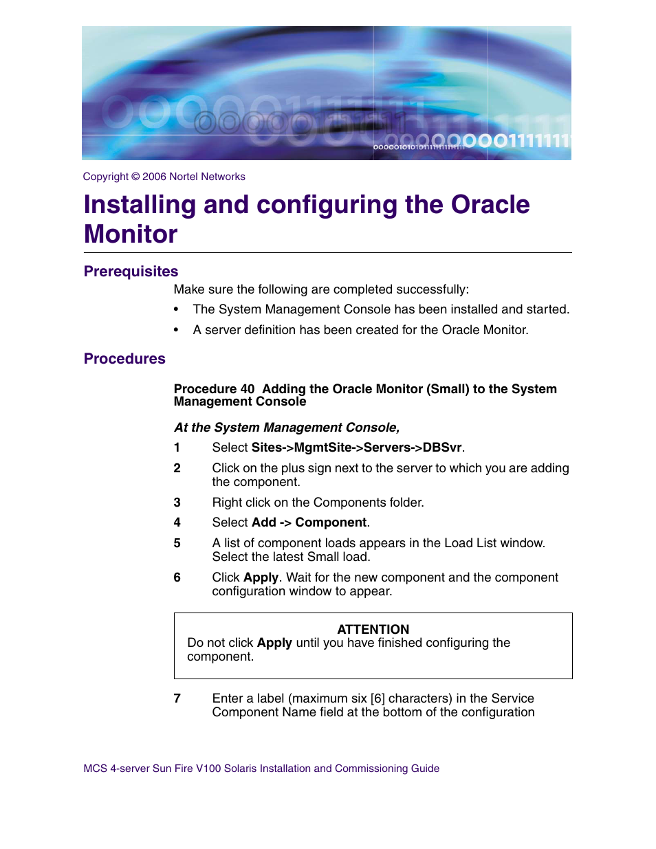 Installing and configuring the oracle monitor, Prerequisites, Procedures | Nortel Networks Sun Fire V100 User Manual | Page 139 / 192