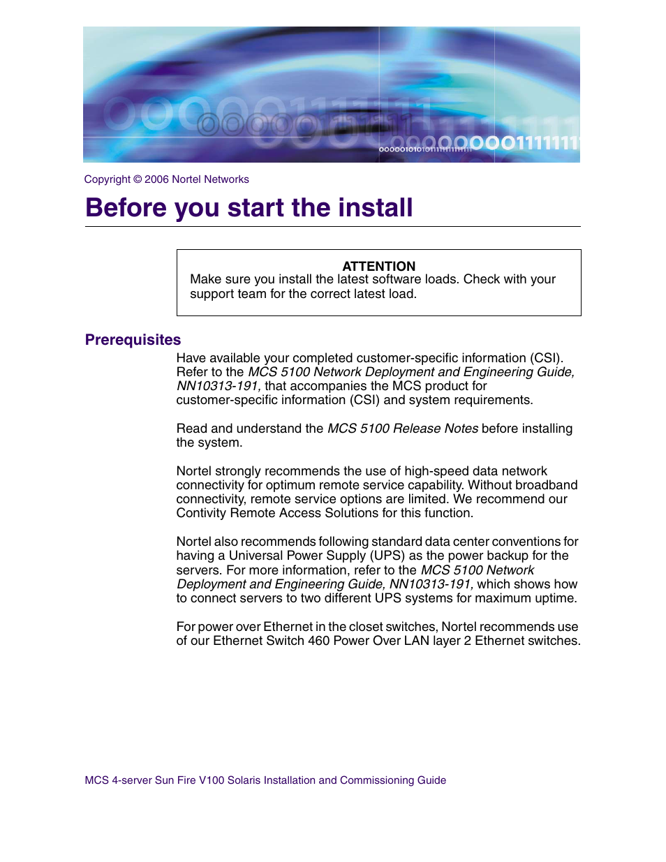 Before you start the install, Prerequisites, Before you start the install prerequisites | Nortel Networks Sun Fire V100 User Manual | Page 15 / 192