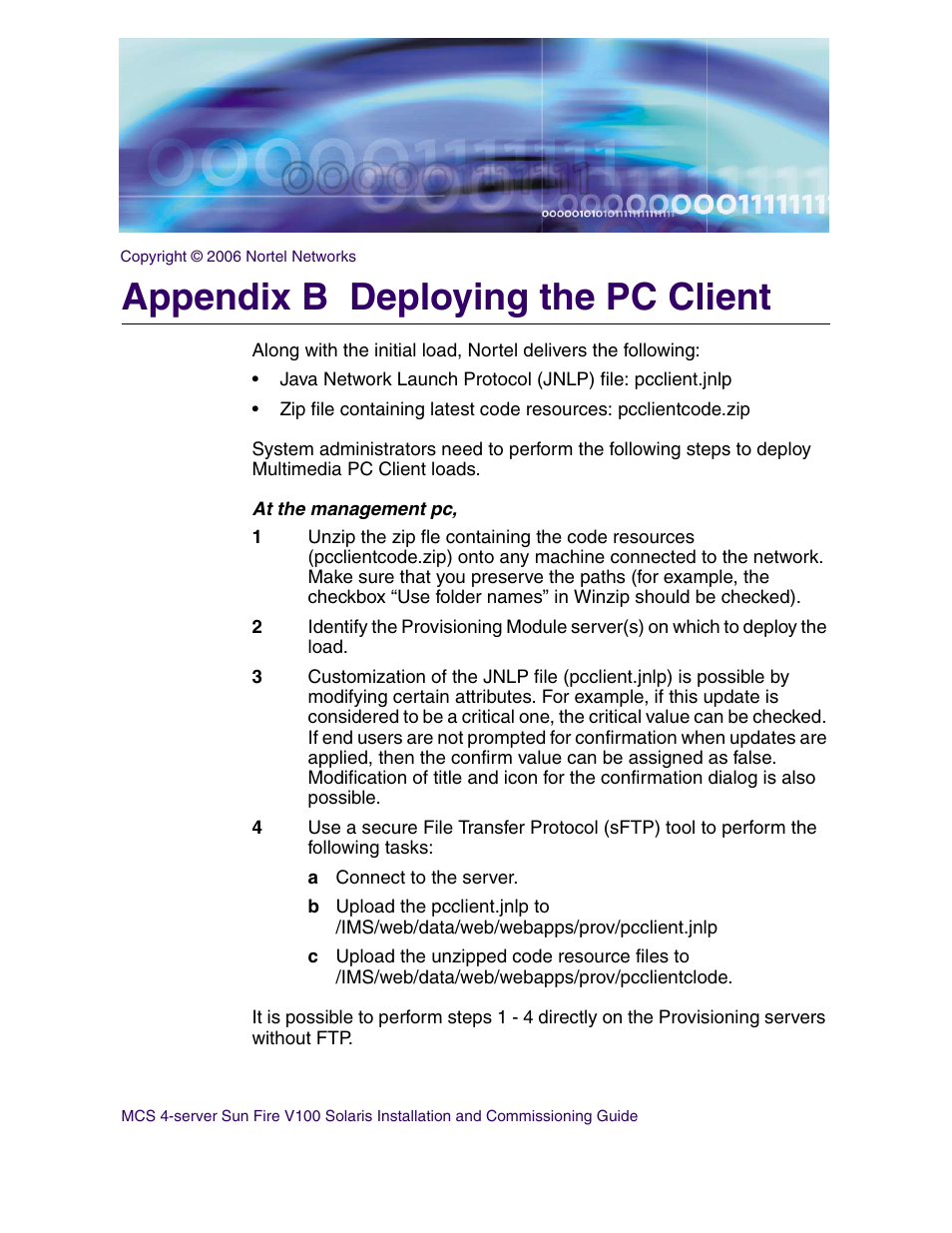 Appendix b deploying the pc client, Deploying the pc client | Nortel Networks Sun Fire V100 User Manual | Page 173 / 192