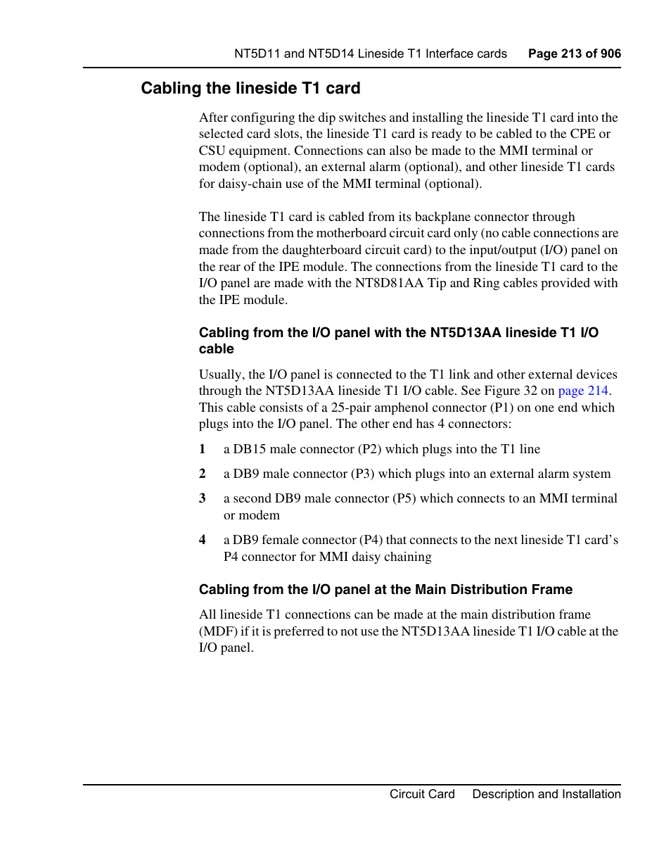 Cabling the lineside t1 card | Nortel Networks Circuit Card User Manual | Page 213 / 908