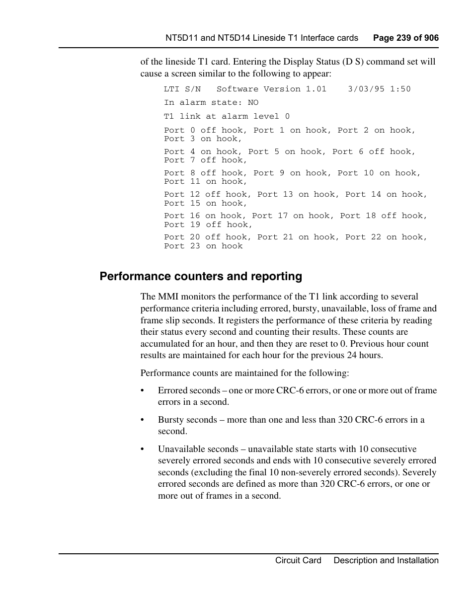 Performance counters and reporting, Performance counters and reporting” on | Nortel Networks Circuit Card User Manual | Page 239 / 908