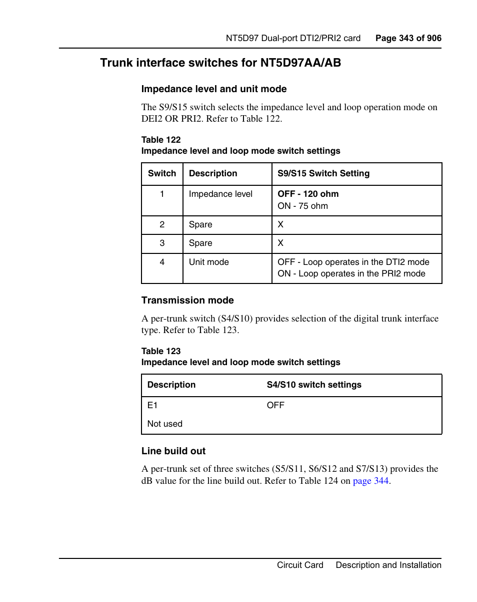 Trunk interface switches for nt5d97aa/ab | Nortel Networks Circuit Card User Manual | Page 343 / 908