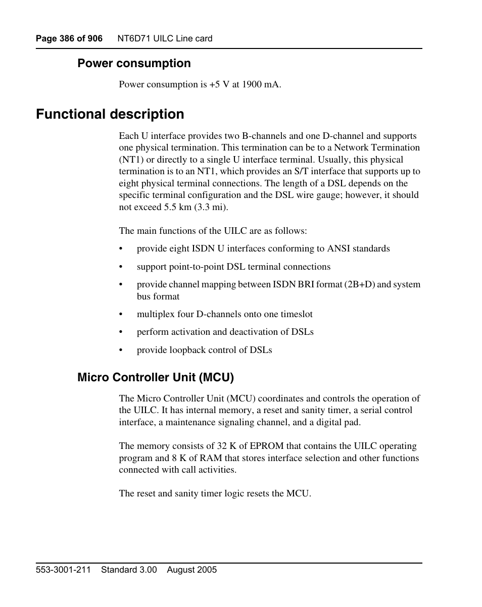 Power consumption, Functional description, Micro controller unit (mcu) | Nortel Networks Circuit Card User Manual | Page 386 / 908