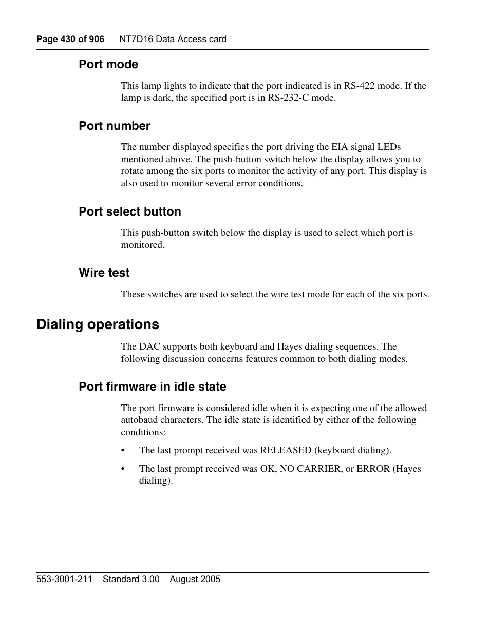 Port mode, Port number, Port select button | Wire test, Dialing operations, Port firmware in idle state | Nortel Networks Circuit Card User Manual | Page 430 / 908
