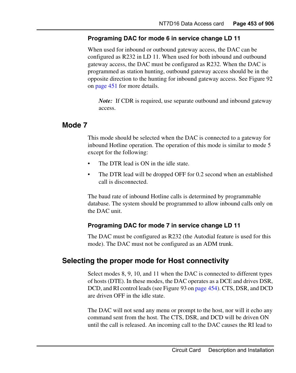 Mode 7, Selecting the proper mode for host connectivity | Nortel Networks Circuit Card User Manual | Page 453 / 908