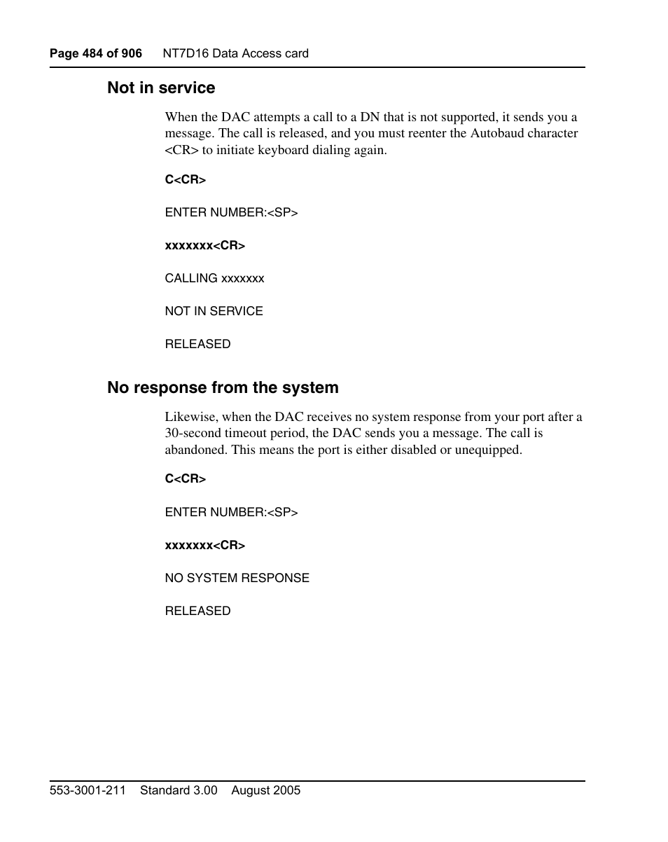 Not in service, No response from the system | Nortel Networks Circuit Card User Manual | Page 484 / 908