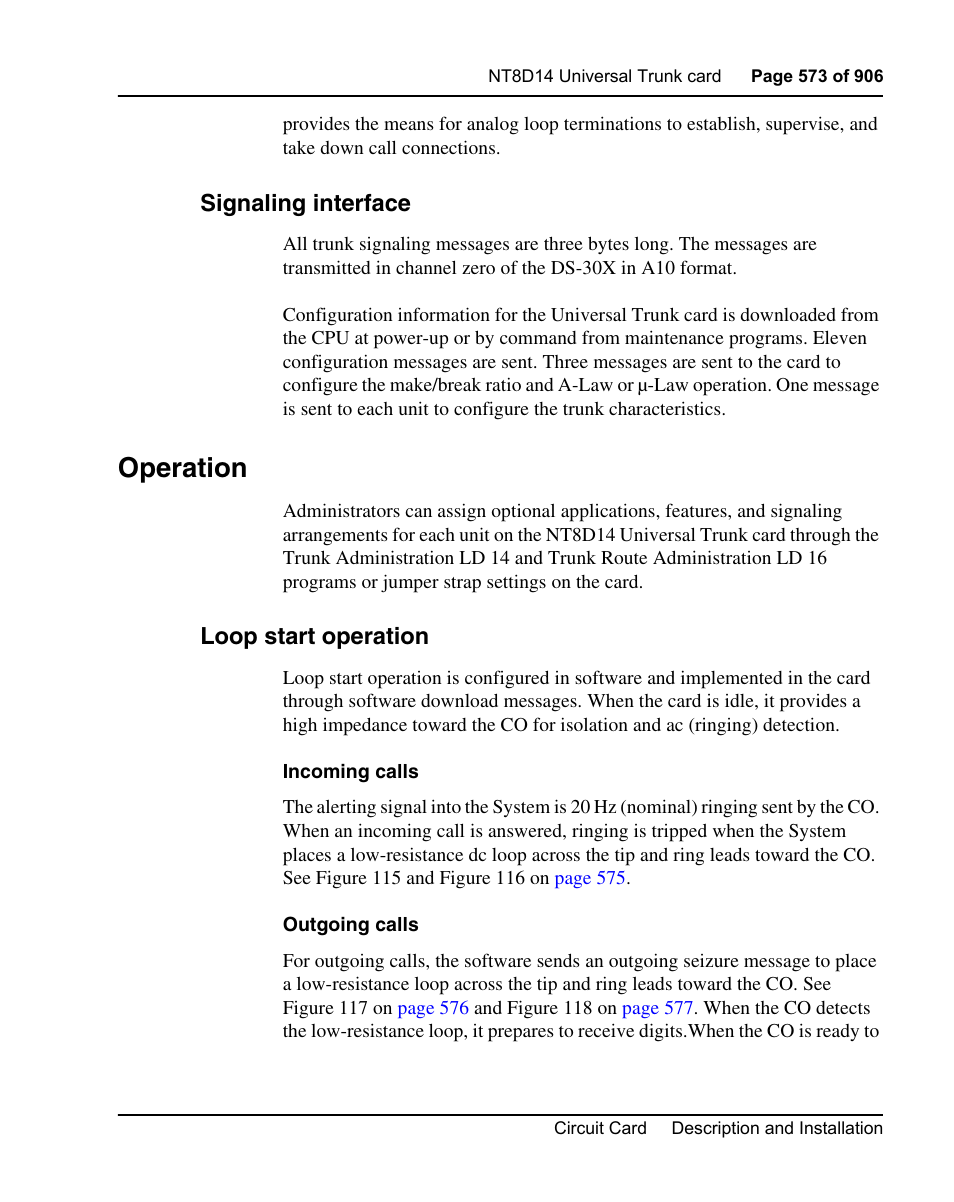 Signaling interface, Operation, Loop start operation | Nortel Networks Circuit Card User Manual | Page 573 / 908