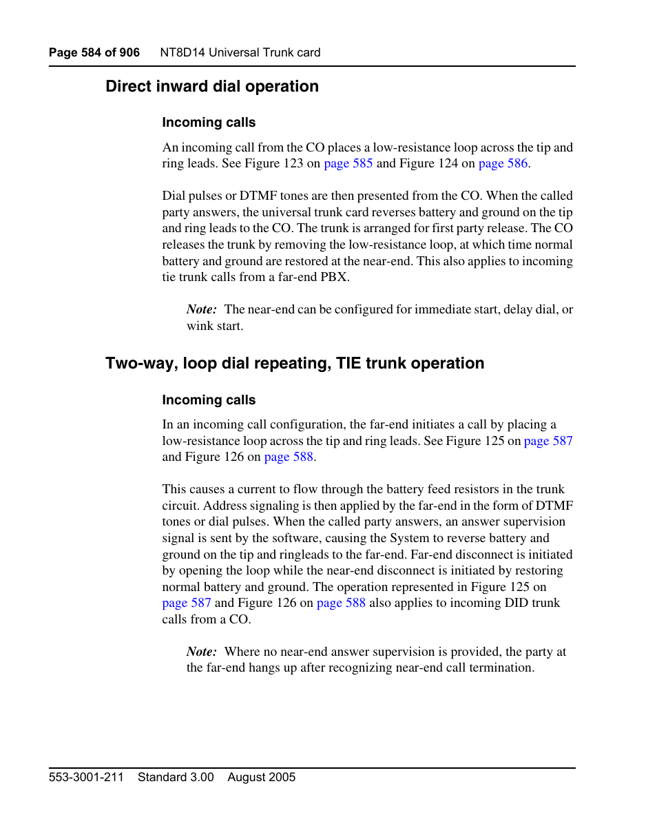Direct inward dial operation, Two-way, loop dial repeating, tie trunk operation | Nortel Networks Circuit Card User Manual | Page 584 / 908