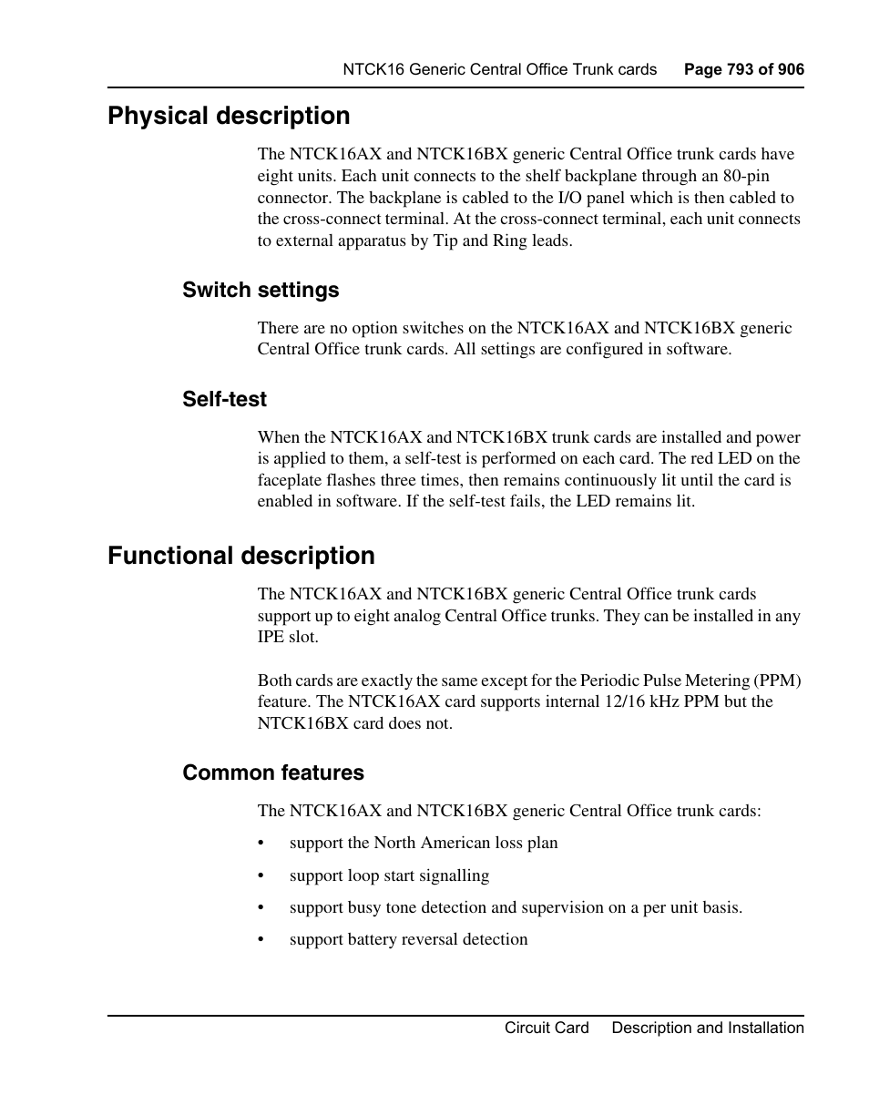 Physical description, Switch settings, Self-test | Functional description, Common features | Nortel Networks Circuit Card User Manual | Page 793 / 908