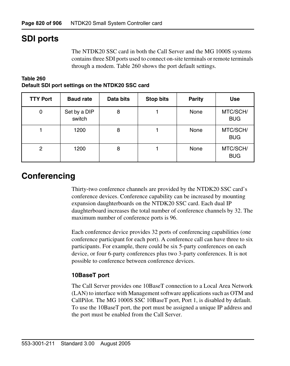 Sdi ports, Conferencing | Nortel Networks Circuit Card User Manual | Page 820 / 908