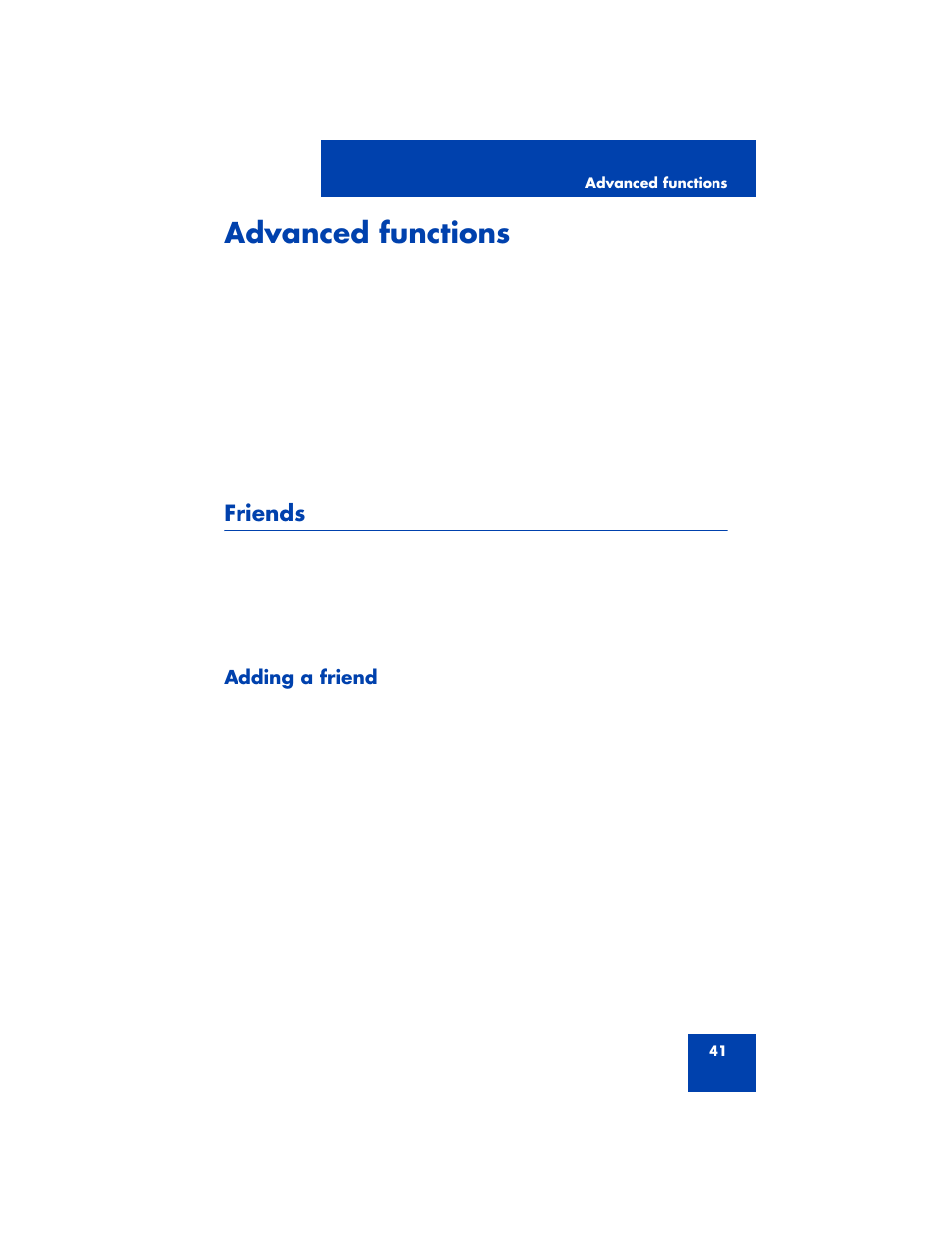 Advanced functions, Friends, Adding a friend | Nortel Networks 3100 User Manual | Page 41 / 72