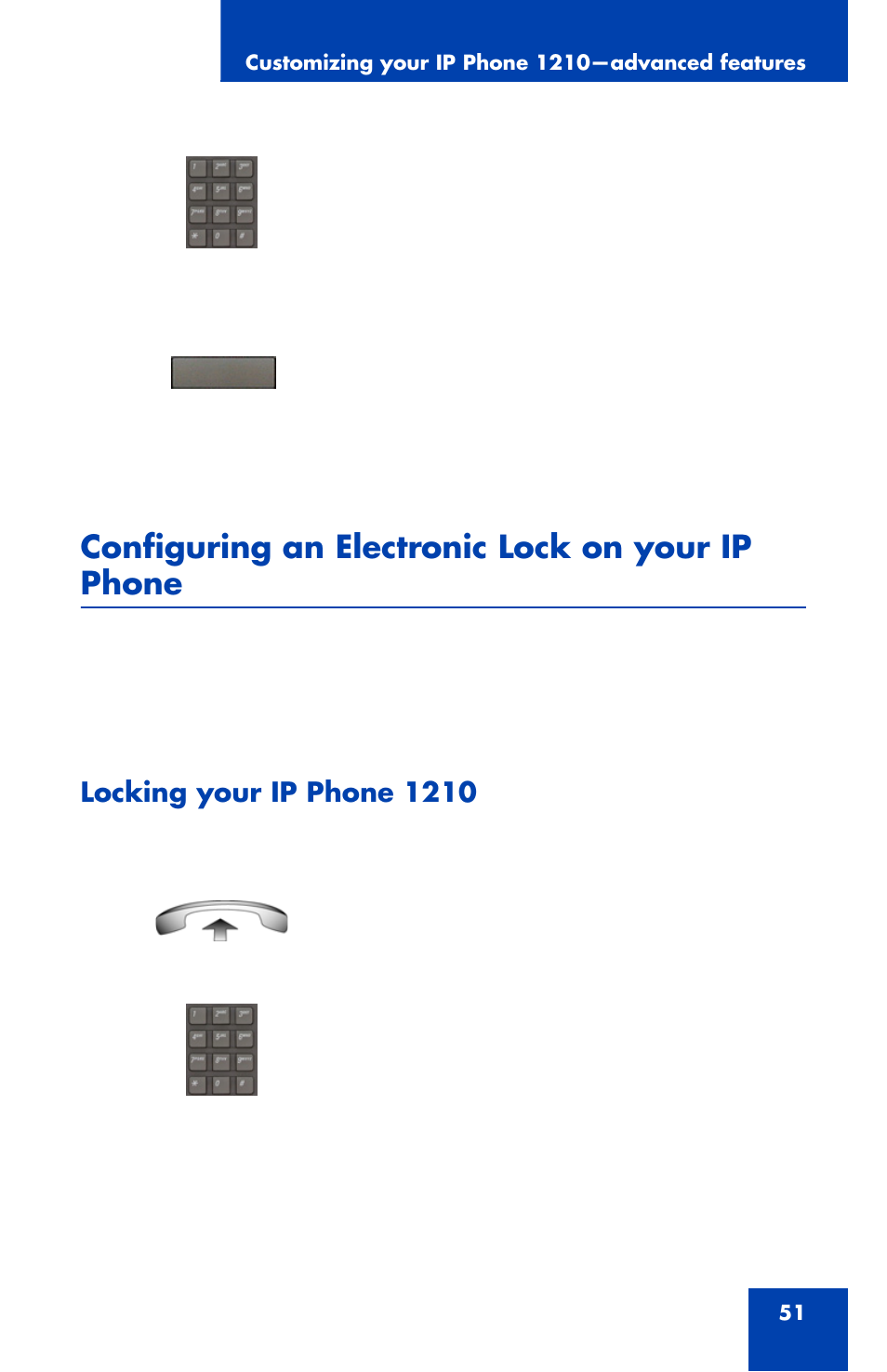 Configuring an electronic lock on your ip phone, Locking your ip phone 1210 | Nortel Networks Nortel IP Phone 1210 User Manual | Page 51 / 118