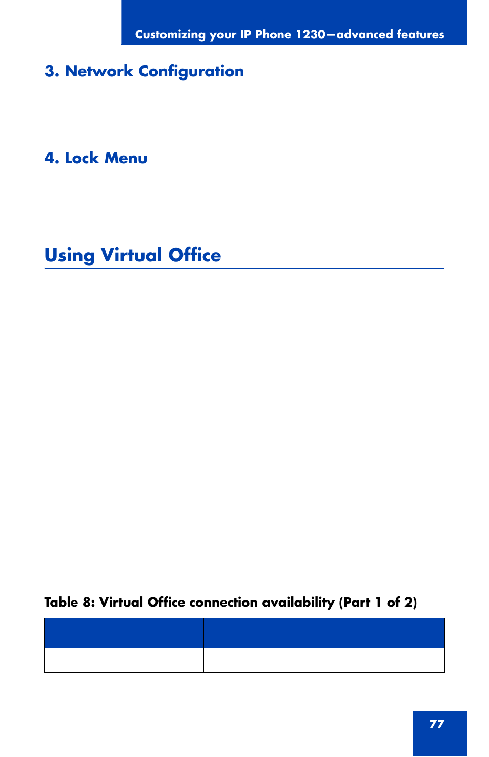 Network configuration, Lock menu, Using virtual office | Using | Nortel Networks Nortel IP Phone 1230 User Manual | Page 77 / 166