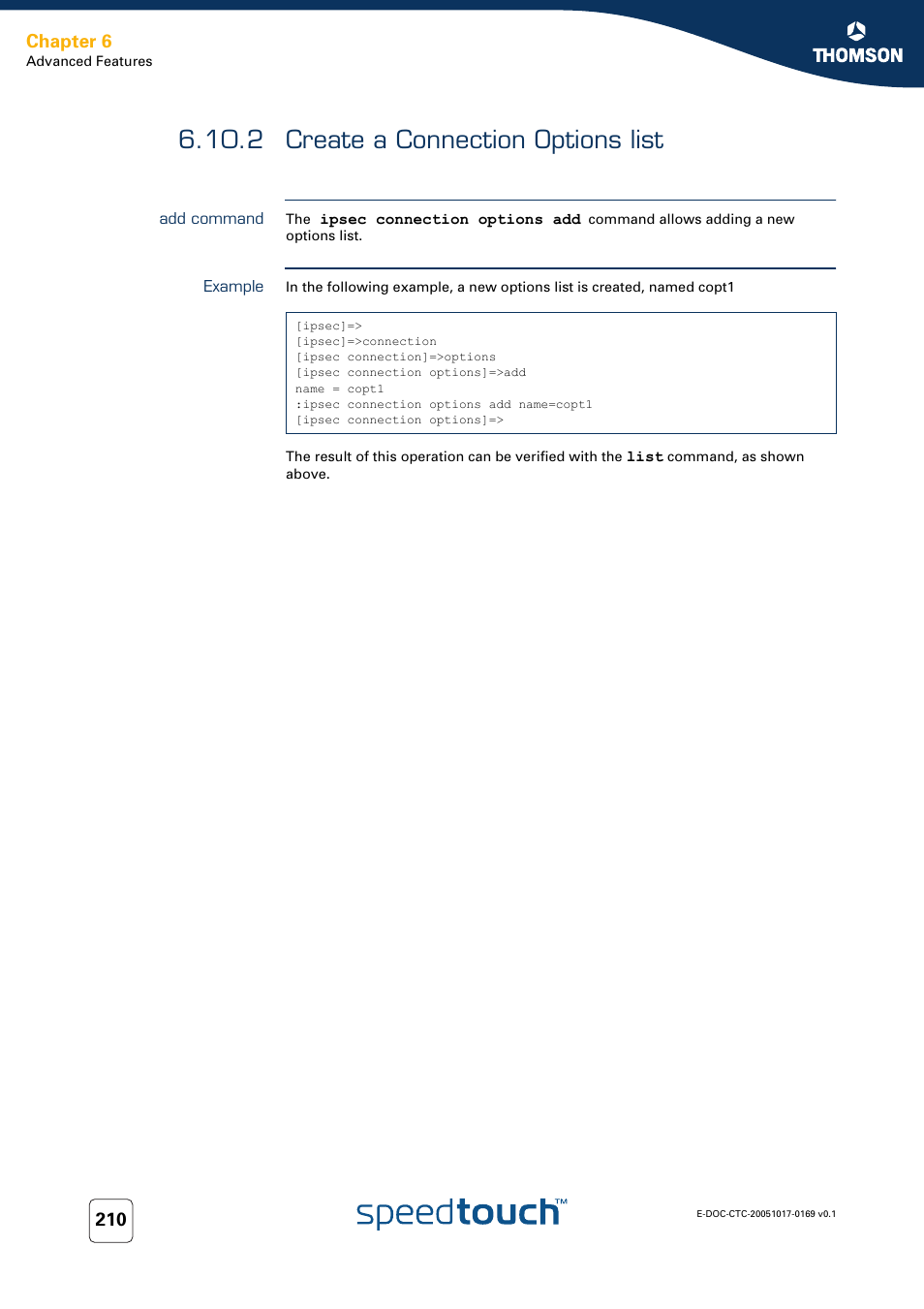 2 create a connection options list, Add command, Example | Create a connection options list, Chapter 6 | Nortel Networks 608(WL) User Manual | Page 212 / 222