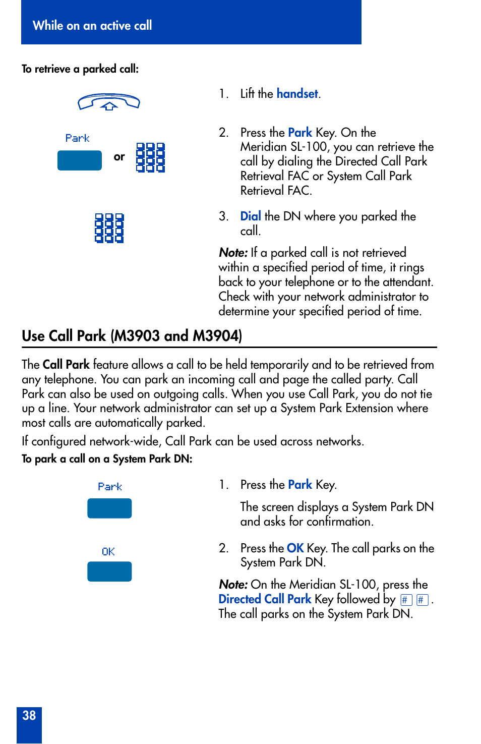 Use call park (m3903 and m3904) | Nortel Networks Meridian M3902 User Manual | Page 38 / 146