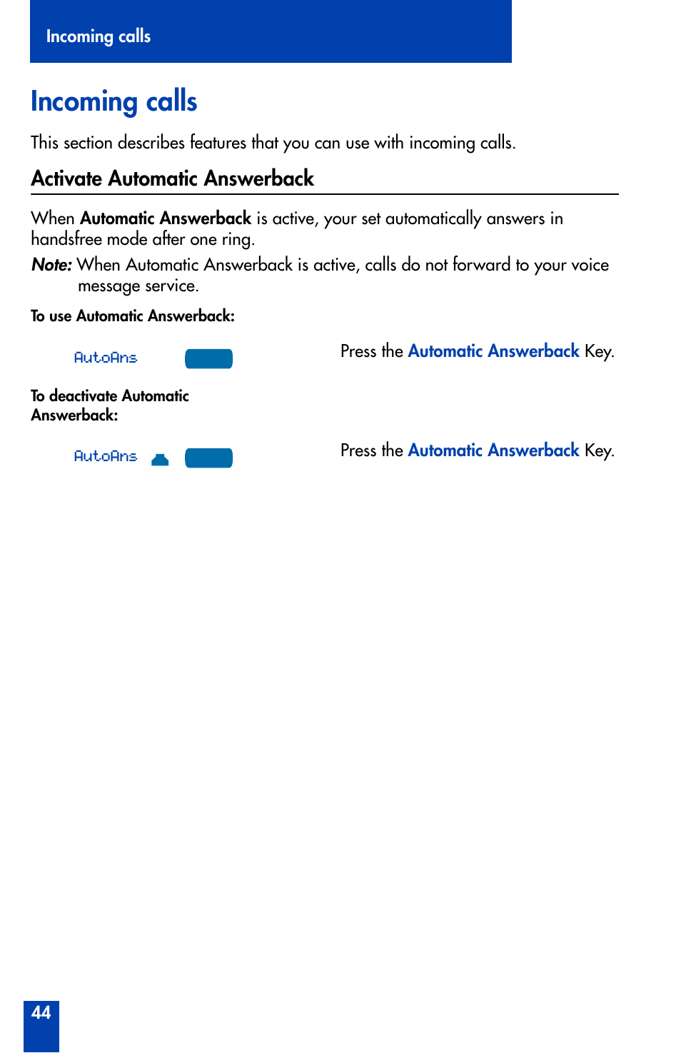 Incoming calls, Activate automatic answerback | Nortel Networks Meridian M3902 User Manual | Page 44 / 146