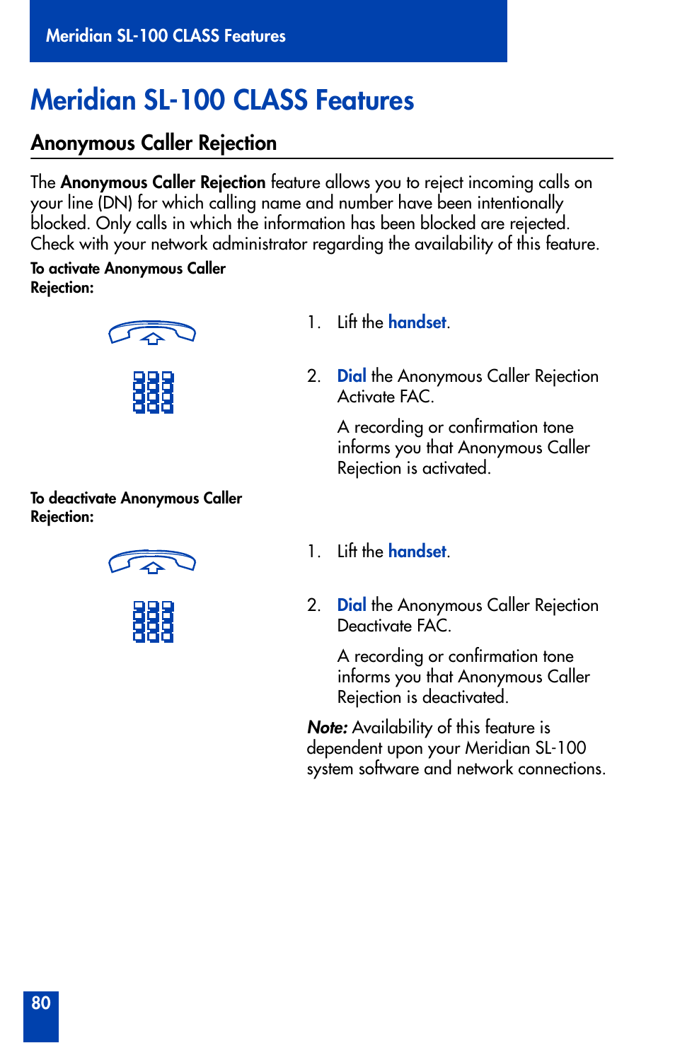 Meridian sl-100 class features, Anonymous caller rejection | Nortel Networks Meridian M3902 User Manual | Page 80 / 146