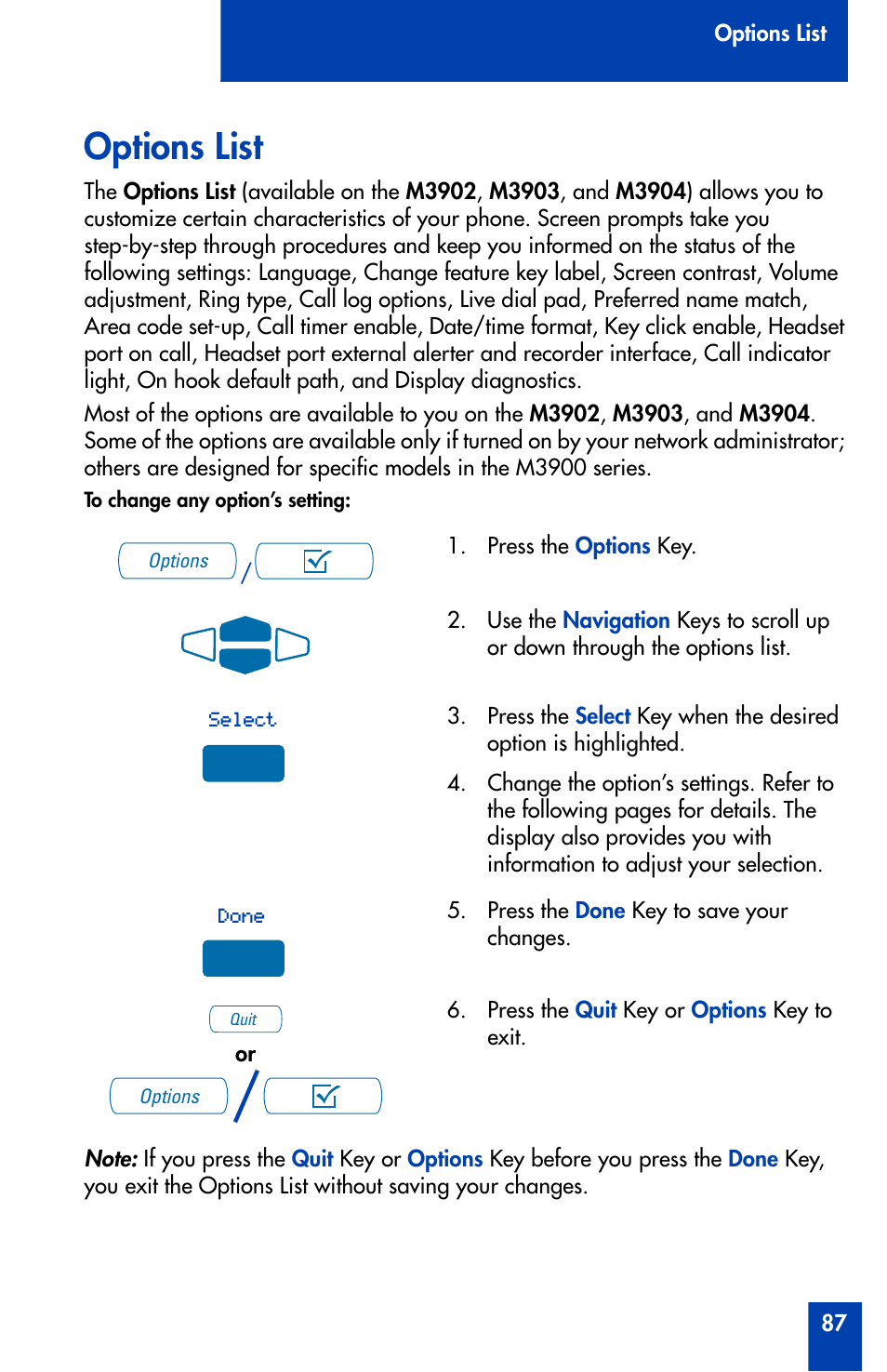 Options list | Nortel Networks Meridian M3902 User Manual | Page 87 / 146