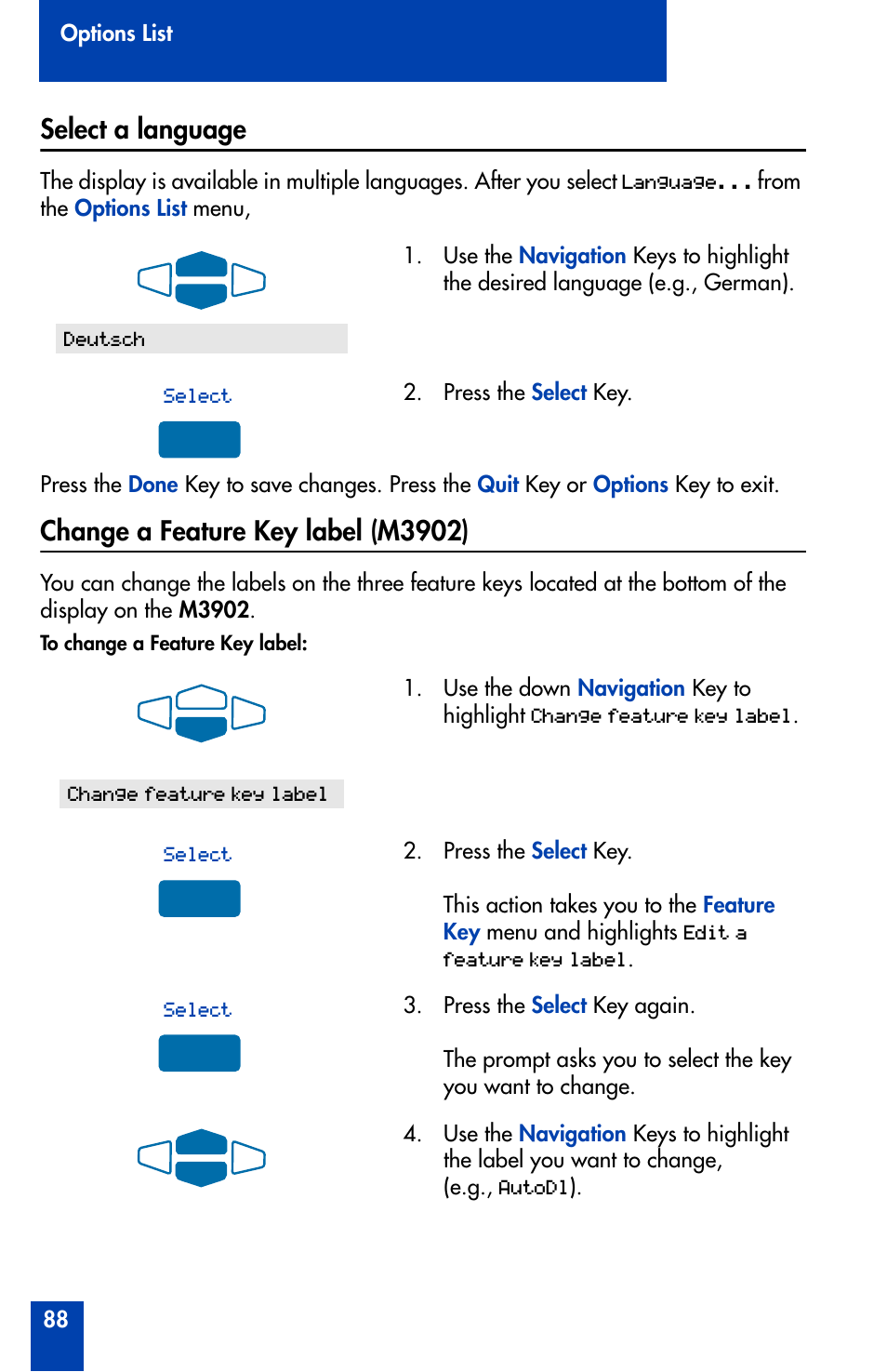 Select a language, Change a feature key label (m3902) | Nortel Networks Meridian M3902 User Manual | Page 88 / 146