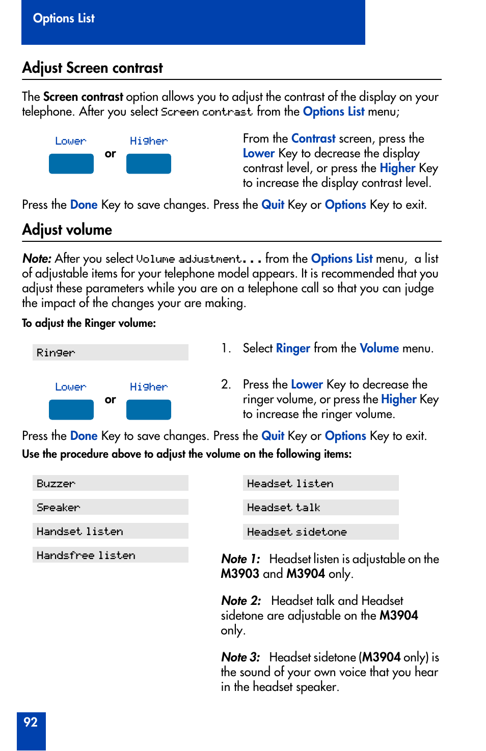 Adjust screen contrast, Adjust volume, Adjust screen contrast adjust volume | Nortel Networks Meridian M3902 User Manual | Page 92 / 146