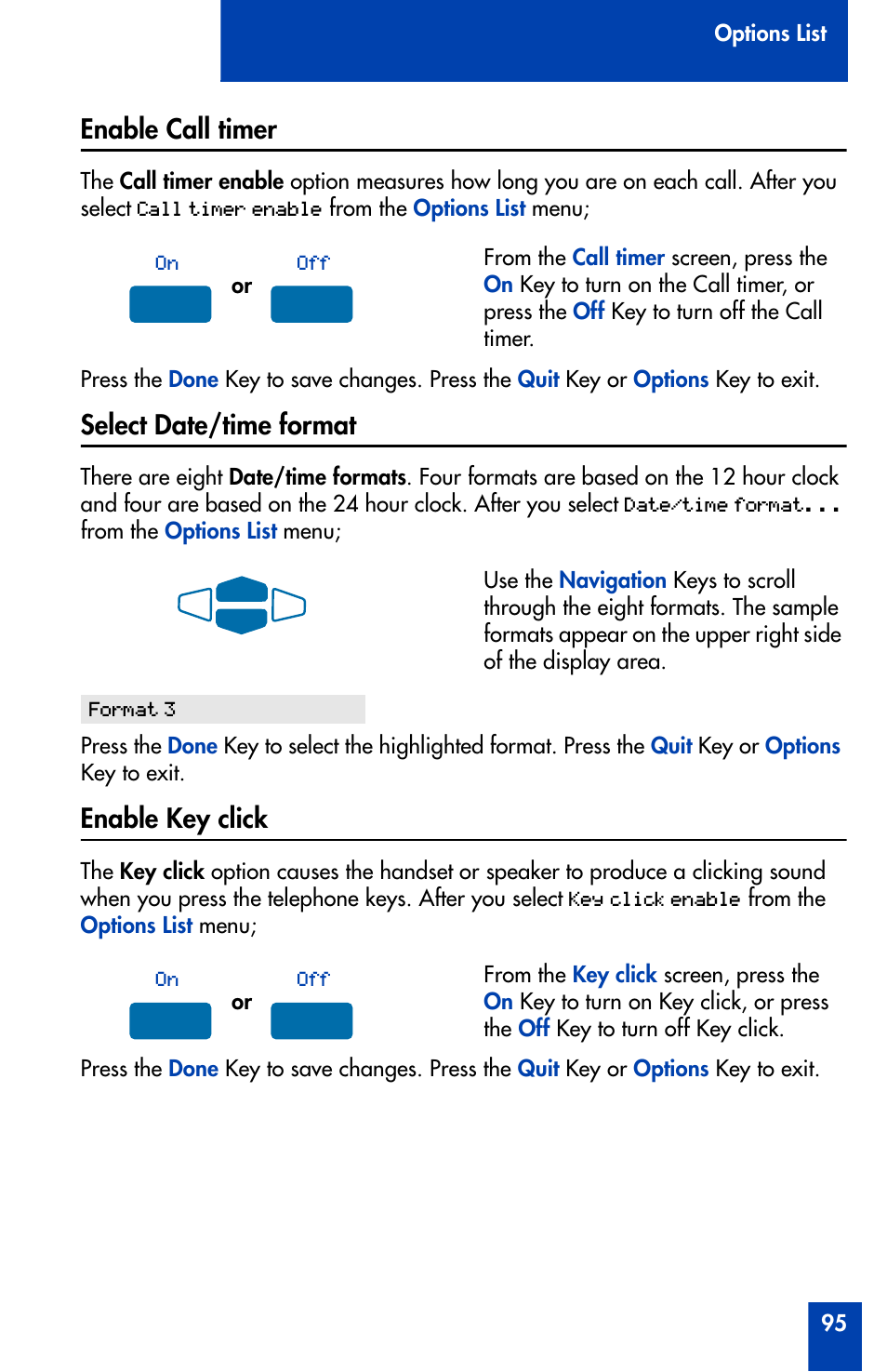 Enable call timer, Select date/time format, Enable key click | Nortel Networks Meridian M3902 User Manual | Page 95 / 146