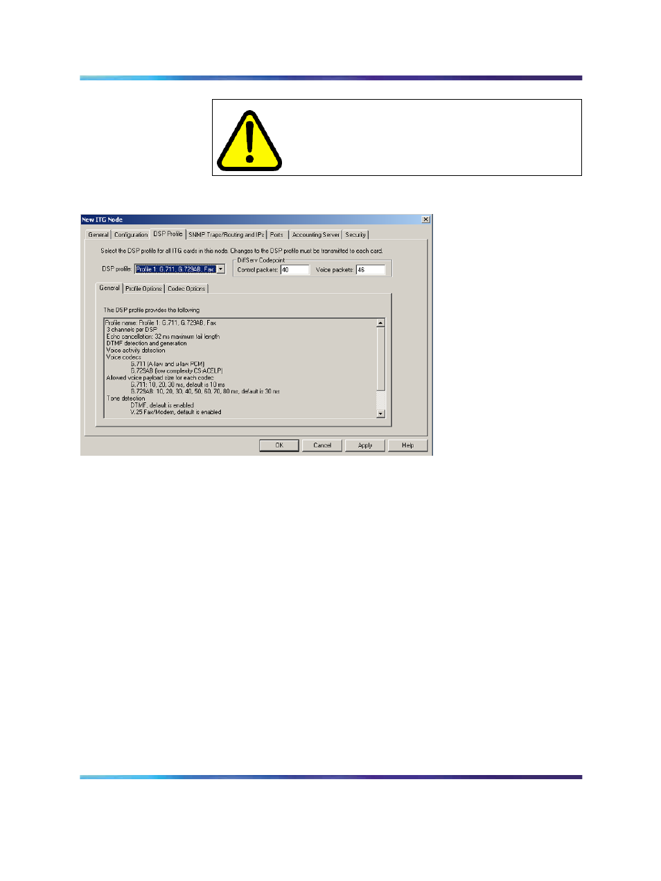 Figure 53 dsp profile general tab, Figure 53 "dsp profile – general, Caution | Nortel Networks NN43001-563 User Manual | Page 243 / 490