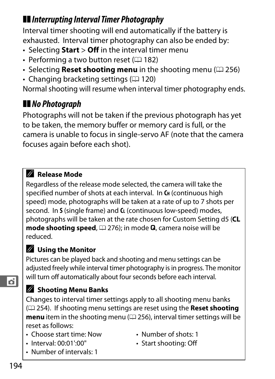 Interrupting interval timer photography, No photograph | Nikon D300s User Manual | Page 220 / 432
