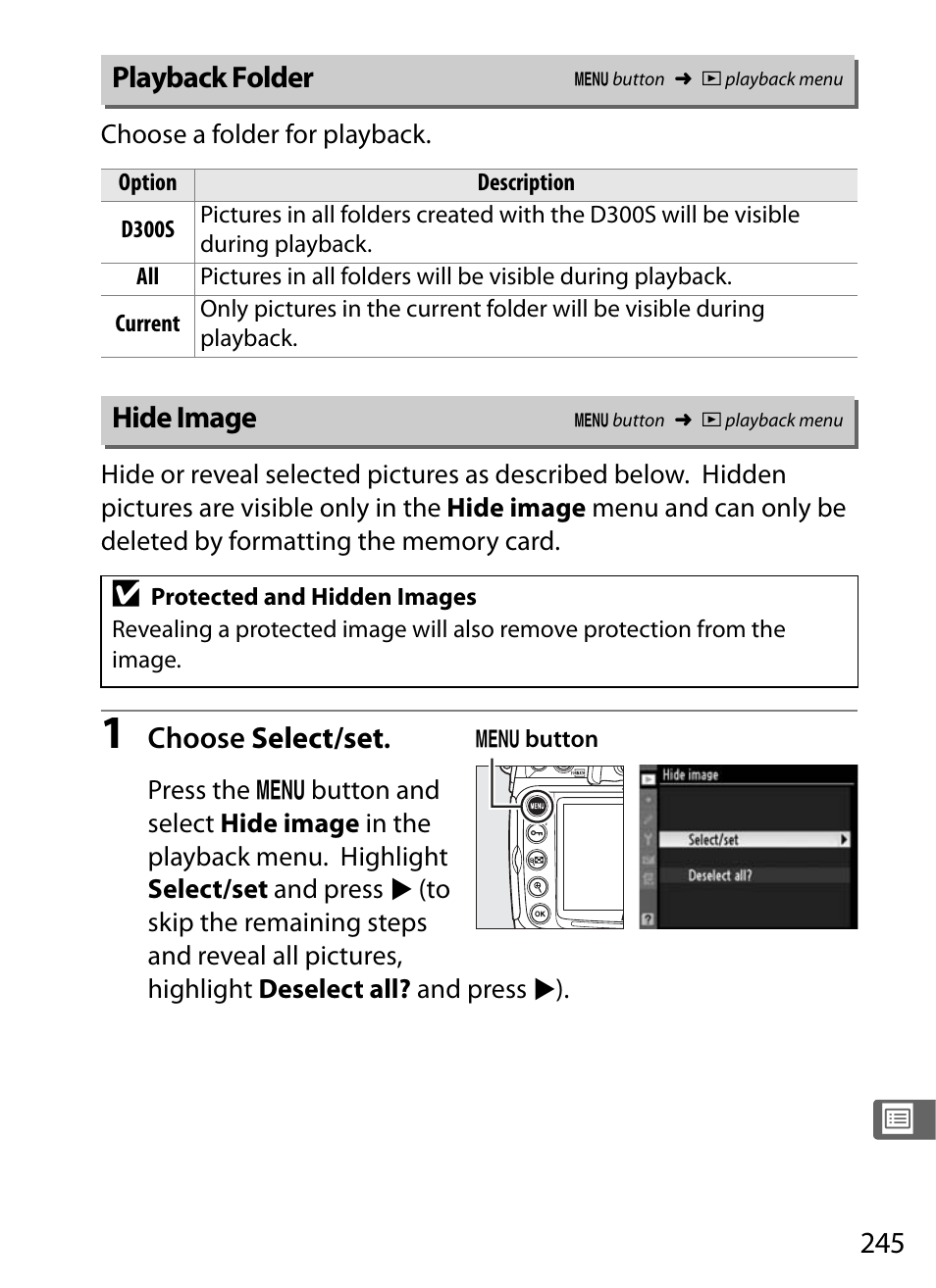Playback folder, Hide image | Nikon D300s User Manual | Page 271 / 432