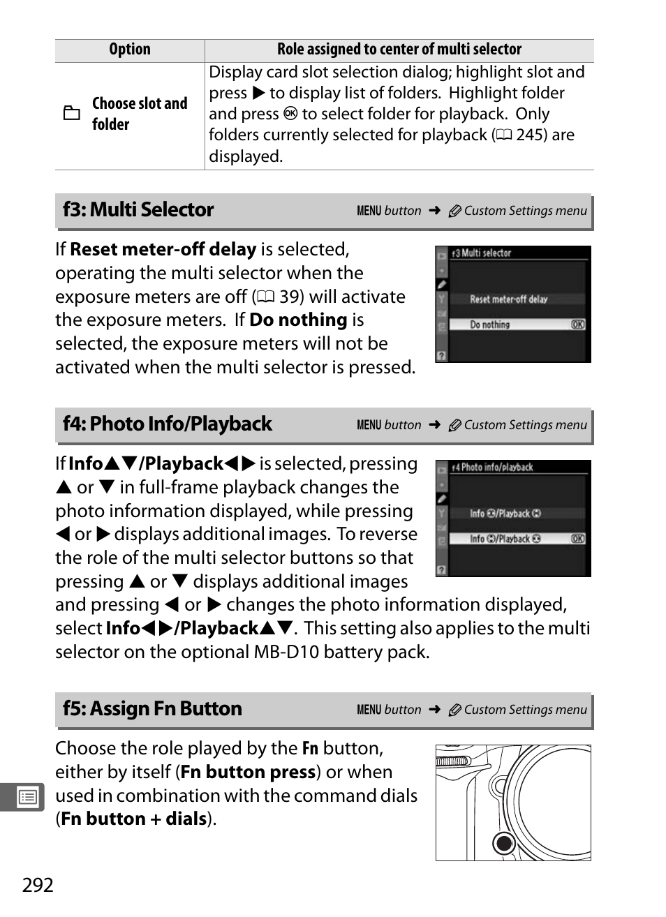 F3: multi selector, F4: photo info/playback, F5: assign fn button | Nikon D300s User Manual | Page 318 / 432