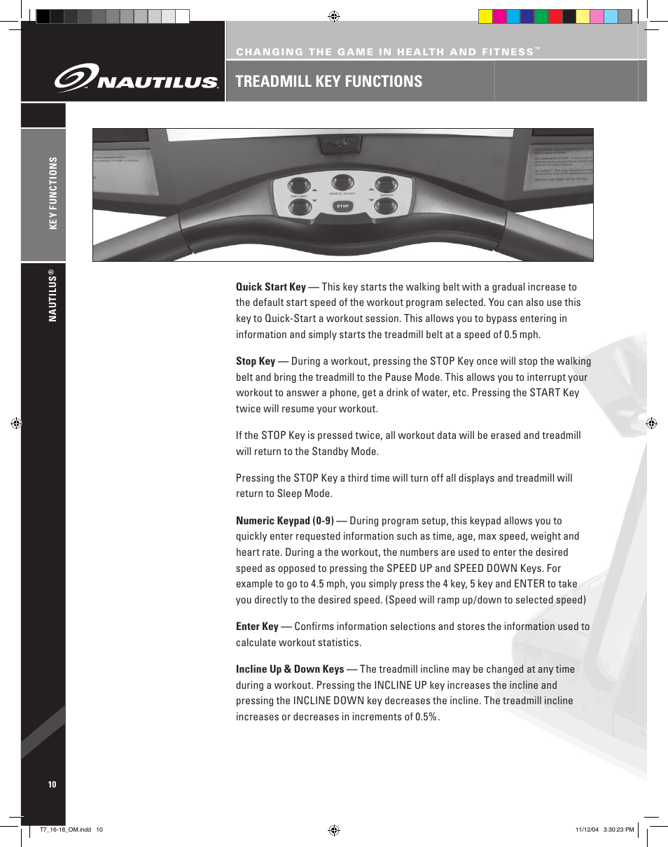 Treadmill key functions | Nautilus T7.16 User Manual | Page 12 / 44