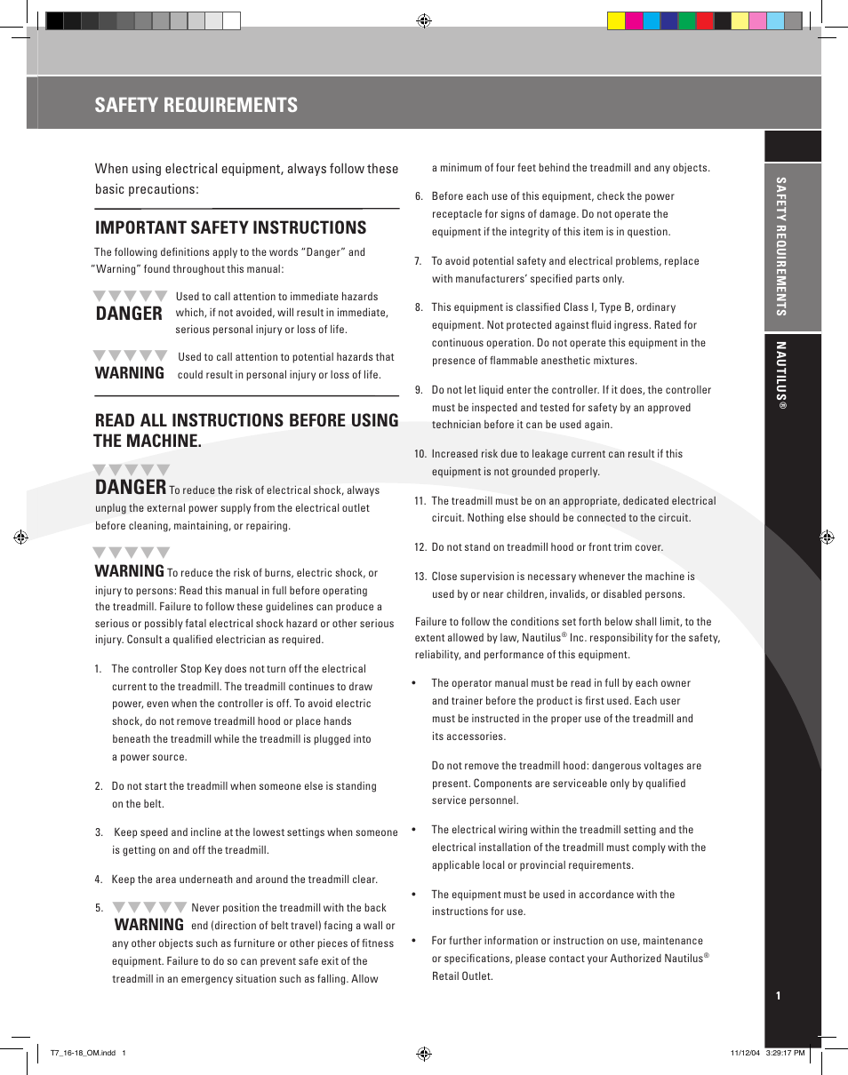 Danger, Safety requirements, Important safety instructions | Read all instructions before using the machine, Warning | Nautilus T7.16 User Manual | Page 3 / 44