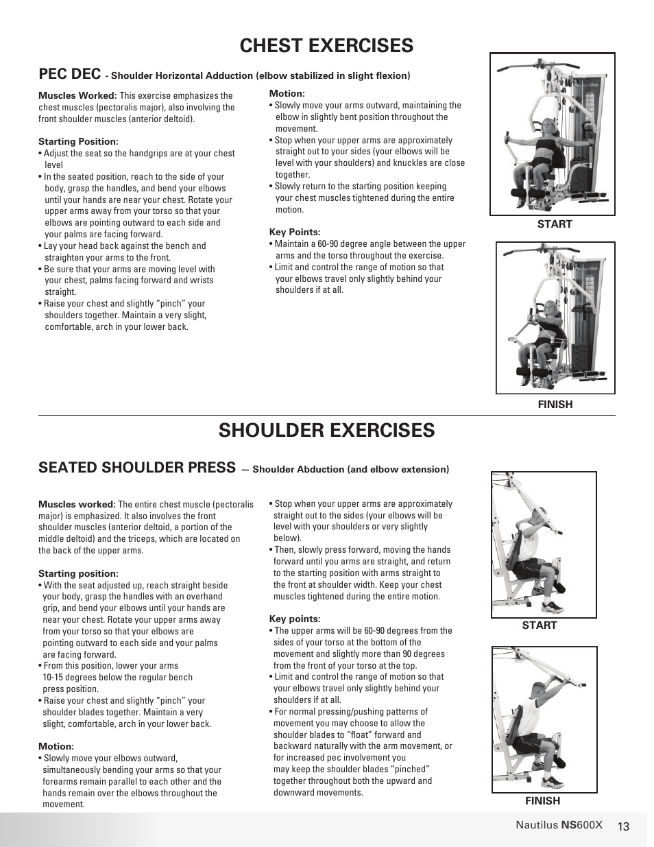 Chest exercises, Shoulder exercises, Seated shoulder press | Pec dec | Nautilus BE STRONG. NS 600X User Manual | Page 13 / 25