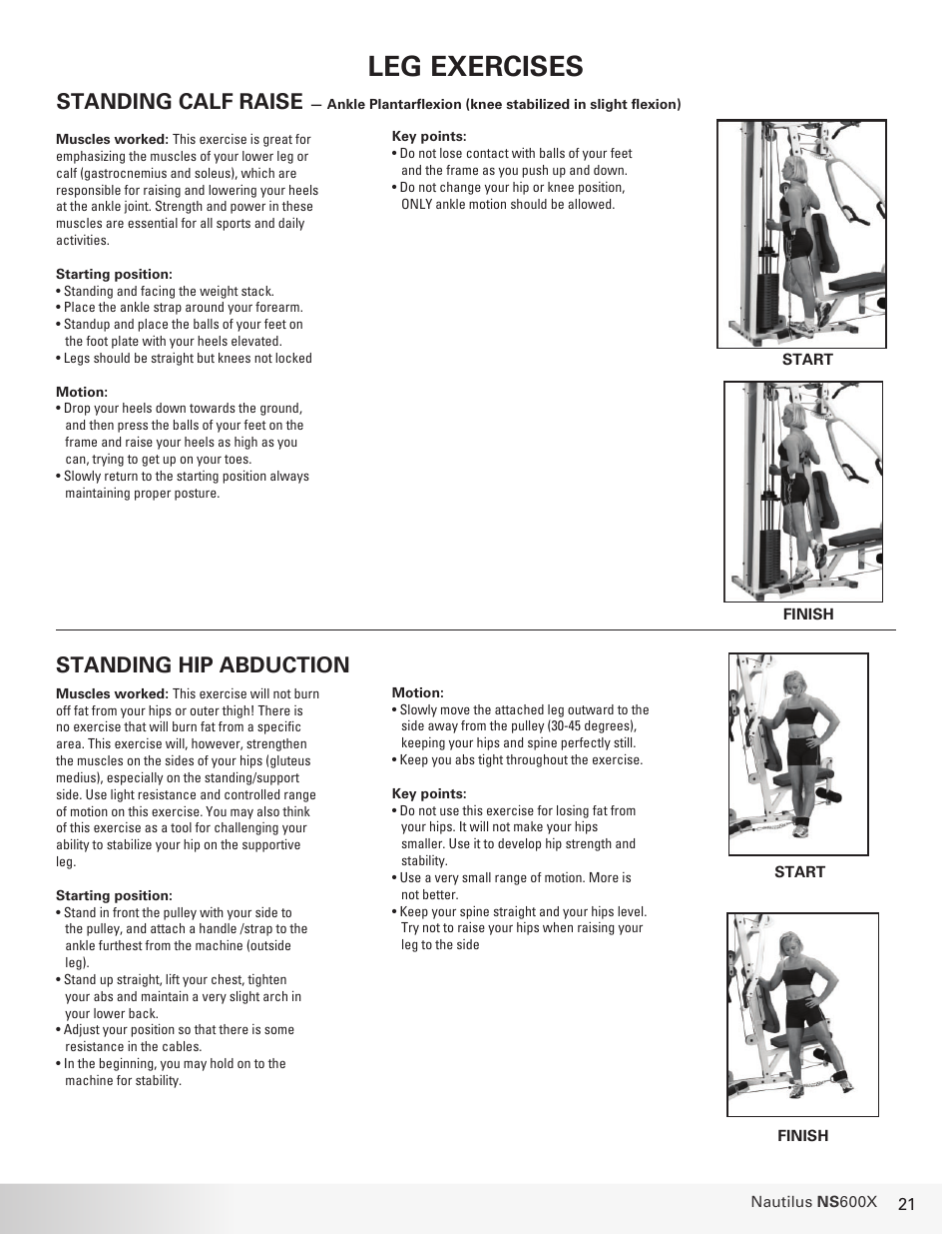 Leg exercises, Standing calf raise, Standing hip abduction | Nautilus BE STRONG. NS 600X User Manual | Page 21 / 25