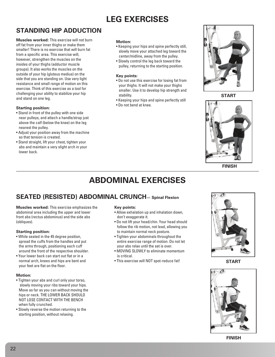 Abdominal exercises leg exercises, Standing hip adduction, Seated (resisted) abdominal crunch | Nautilus BE STRONG. NS 600X User Manual | Page 22 / 25