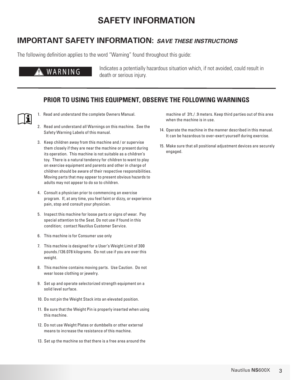 Safety information, Important safety information | Nautilus BE STRONG. NS 600X User Manual | Page 3 / 25