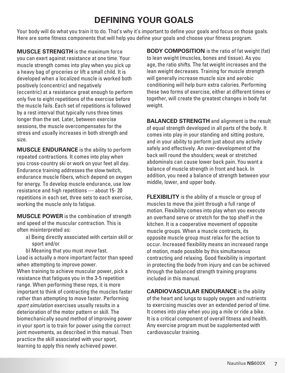 Defining your goals | Nautilus BE STRONG. NS 600X User Manual | Page 7 / 25