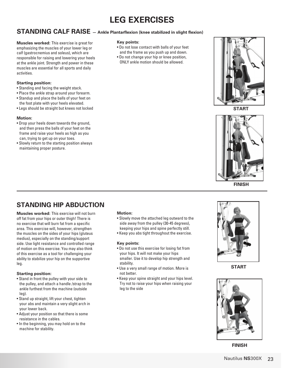 Leg exercises, Standing calf raise, Standing hip abduction | Nautilus NS 300X User Manual | Page 23 / 27