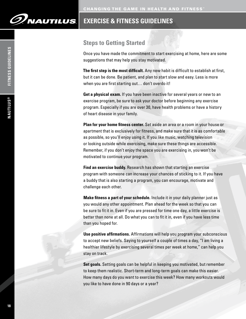 Steps to getting started, Exercise & fitness guidelines | Nautilus PRO SERIES TREADMILLS T7.14 User Manual | Page 20 / 34