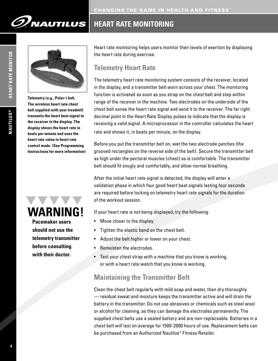 Warning, Telemetry heart rate, Maintaining the transmitter belt | Heart rate monitoring | Nautilus PRO SERIES TREADMILLS T7.14 User Manual | Page 6 / 34