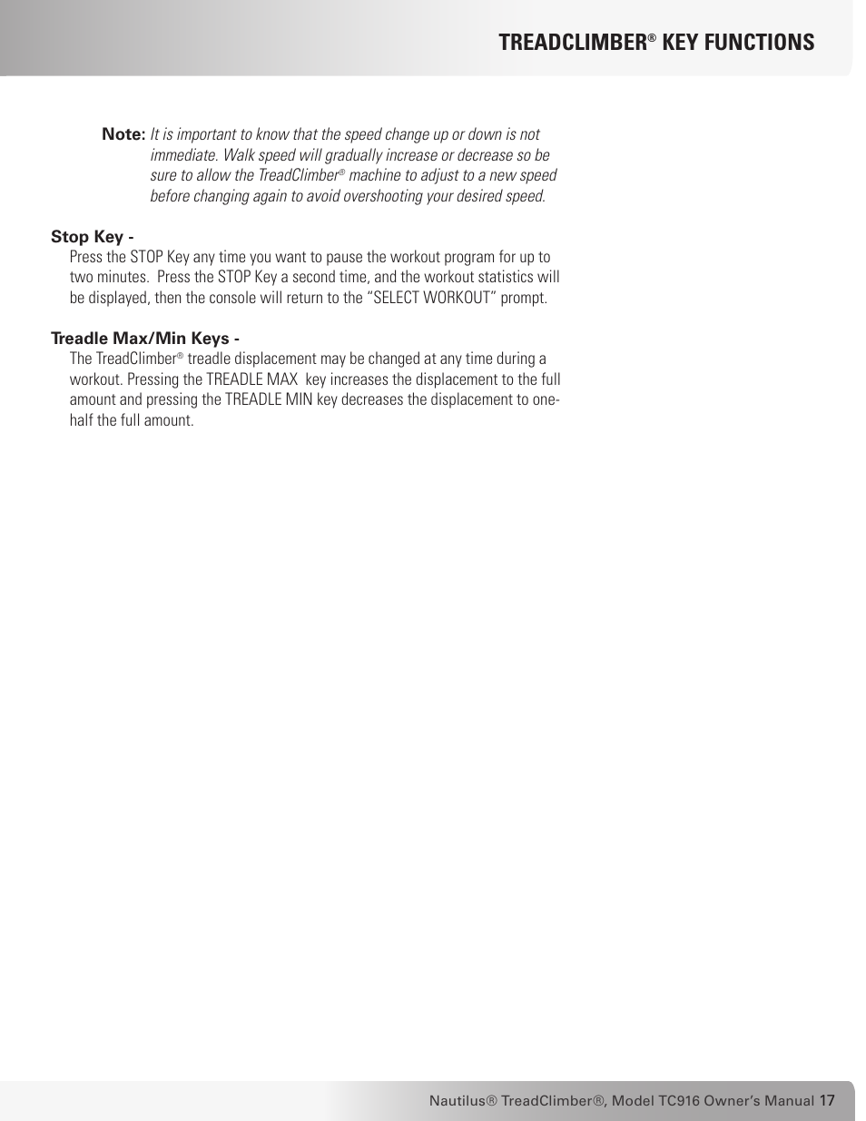 Treadclimber, Key functions | Nautilus TREADCLIMBER TC916 User Manual | Page 17 / 62