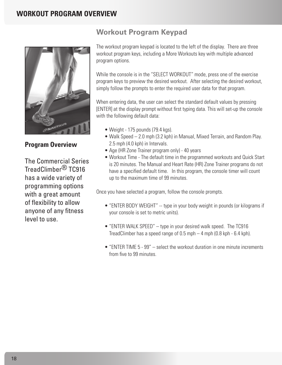 Workout program overview workout program keypad | Nautilus TREADCLIMBER TC916 User Manual | Page 18 / 62