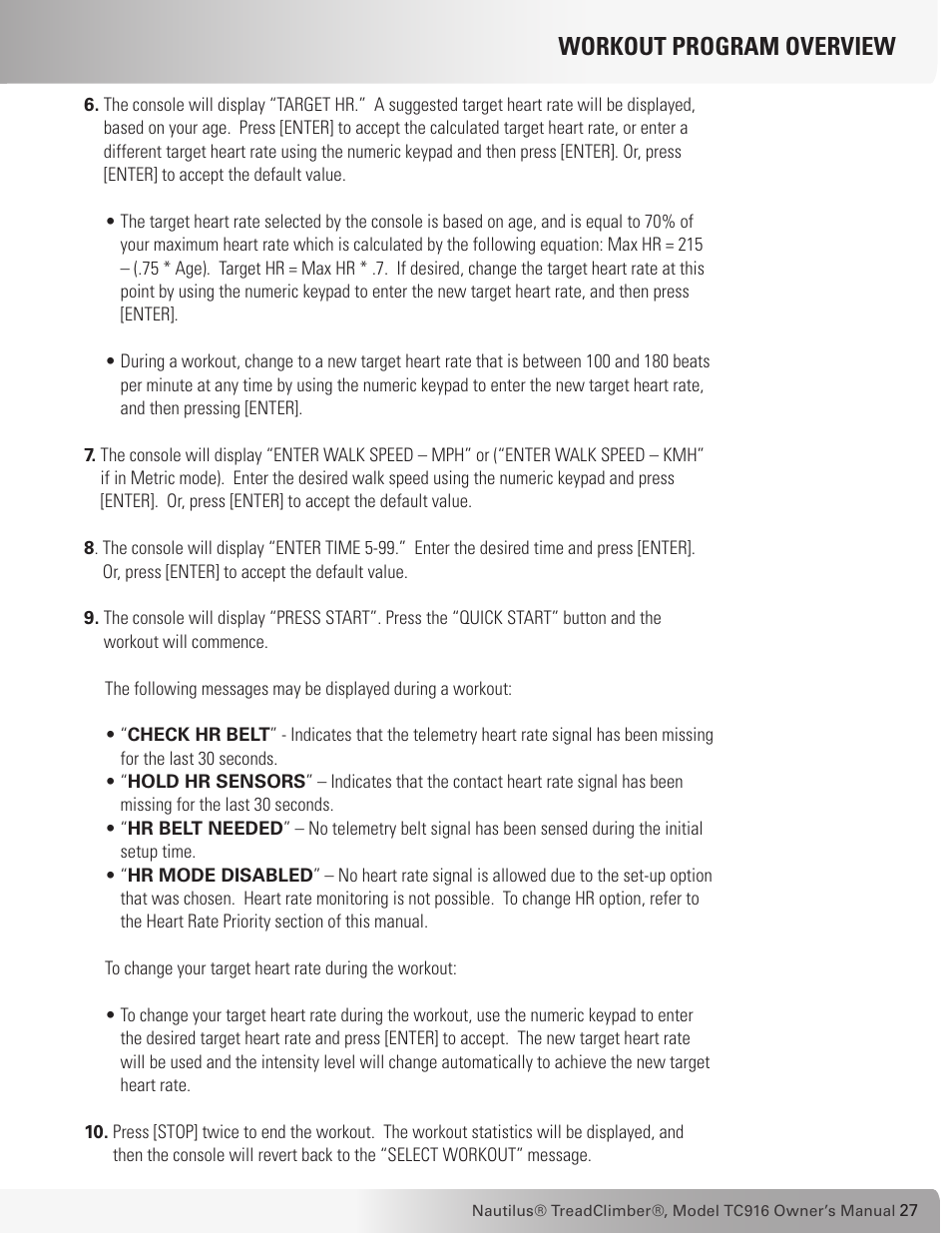 Workout program overview | Nautilus TREADCLIMBER TC916 User Manual | Page 27 / 62