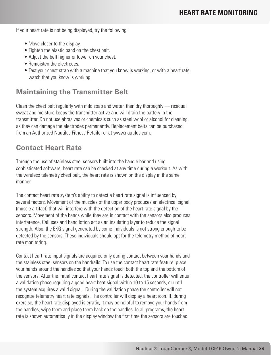 Maintaining the transmitter belt, Contact heart rate, Heart rate monitoring | Nautilus TREADCLIMBER TC916 User Manual | Page 39 / 62