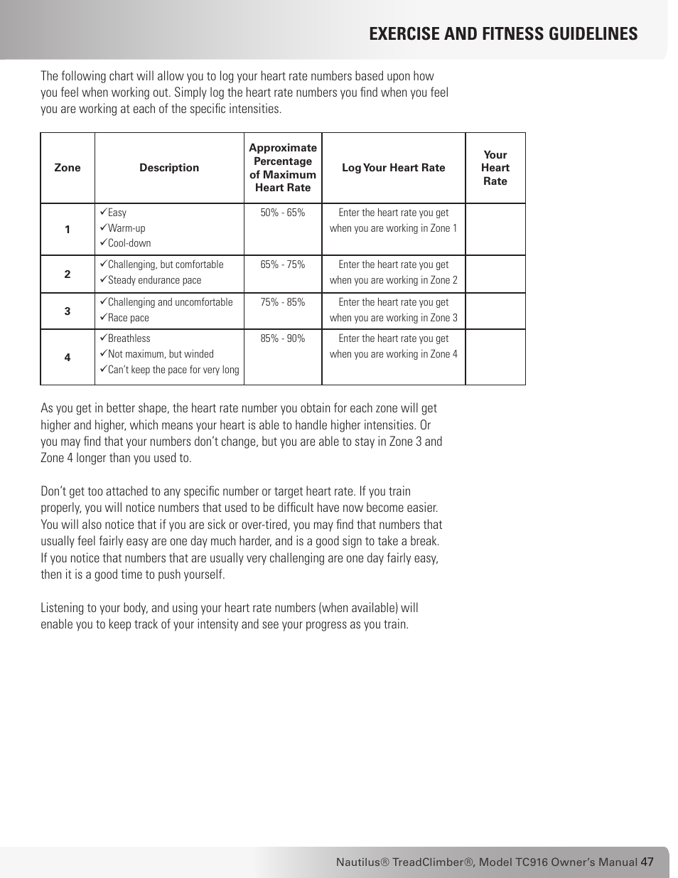 Exercise and fitness guidelines | Nautilus TREADCLIMBER TC916 User Manual | Page 47 / 62