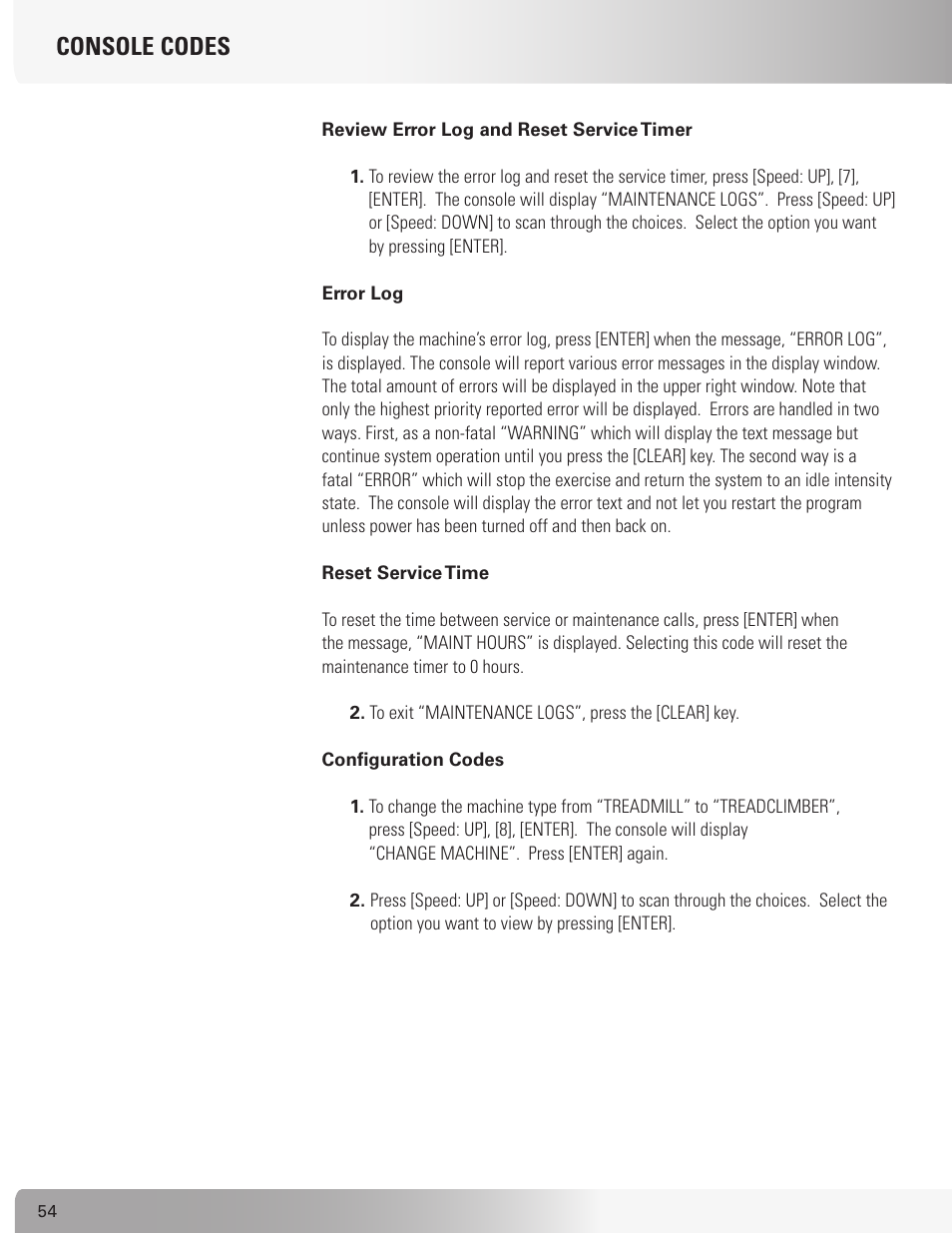 Console codes | Nautilus TREADCLIMBER TC916 User Manual | Page 54 / 62